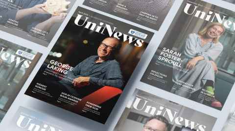 The cover of April UniNews, featuring George Laking