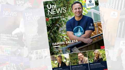 Cover of the December 2019 issue of UniNews featuring Damon Salesa