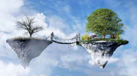 Two islands floating in the sky with a tree on each and a bridge between the islands