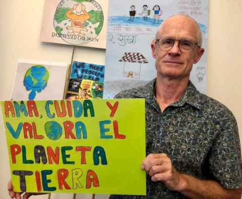Stephen with some of the placards provided by children round the world for Stockholm+50.