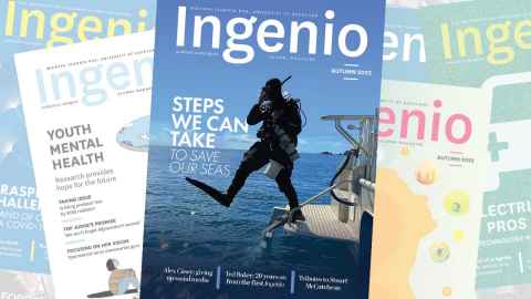 Covers of past Ingenio magazines in a stack