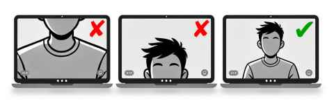 The images showcase the positioning of a student’s silhouette as viewed through a computer’s webcam. In the first image, the webcam is placed too low and too close to the silhouette, resulting in an unacceptable view. The second image depicts the webcam positioned too high, showing only the silhouette’s forehead, also rendering it unacceptable. The final image presents the silhouette in a clear view, with the entire upper body and head visible, demonstrating the preferred positioning for students during an exam.