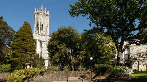 Photo of the back of the university of Auckland ClockTower building