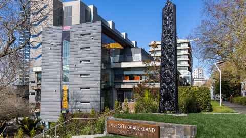 Image of the pou and University of Auckland sign outside the engineering school.