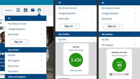 Student signed in, displaying the profile menu (left hand image) with GPA selected (center) and with progress selected (right hand image).