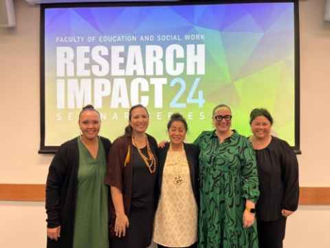 Research Impact Seminar - June 2024 Left to right – Dr Jacinta Oldehaver, Dr Analosa Veukiso-Ulugia, Mrs Sarah Va’afusuaga McRobie, Ms Selena Meiklejohn-Whiu and Dr Maria Cooper 