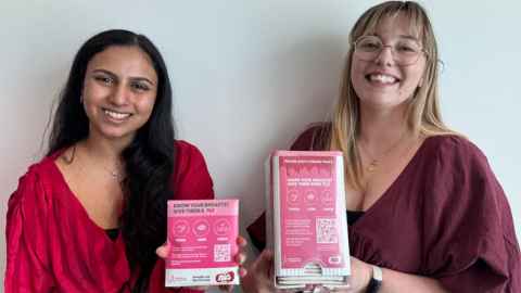 Ads on Pads founder Aditi Gorasia and Sonja Epskamp, health promotion adviser at the University of Auckland. Sonja is holding the dispenser.