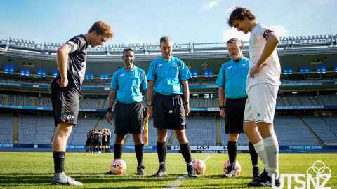 University of Auckland's men's football team at the coin toss