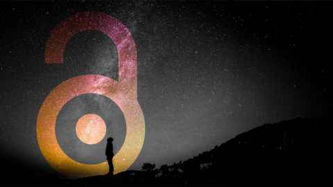 A black and white graphic image of human staring up at the stars, with an overlay of the Open Access logo in pink and orange.