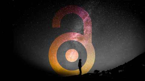 A black and white graphic image of human staring up at the stars, with an overlay of the Open Access logo in pink and orange.