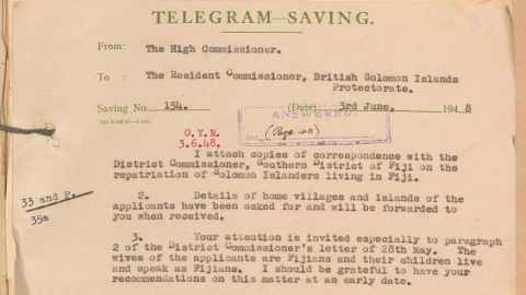 1948 telegram. MSS & Archives 2003/1, WPHC 9, 14/20