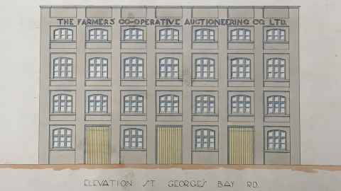 Elevation of proposed Farmers’ Co-operative Auctioneering building on St George’s Bay, Road, 1918. MSS & Archives Arch 2020/13.