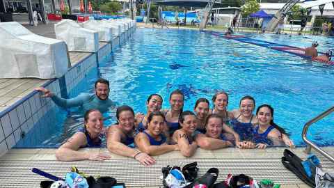 Electra Kalaugher (far left front) competed with the New South Wales women's underwater hockey team this year.