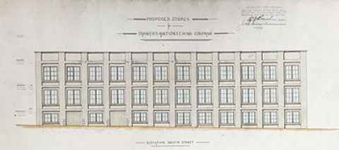 Elevation to Kelvin Street of proposed stores (1918) for Farmers’ Auctioneering Company (PX42).