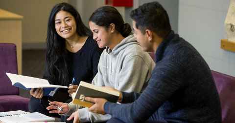 Three students studying in the library