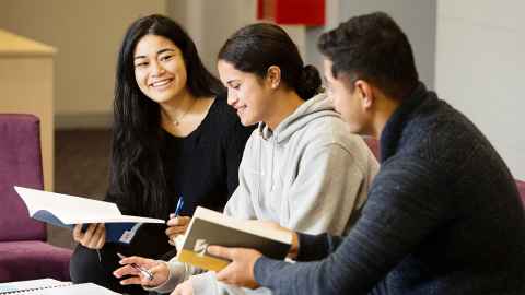 Three students studying in the library