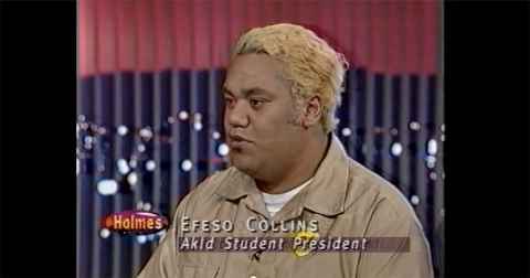 Efeso Collins on Holmes TV show. Subtitle: Auckland Student President