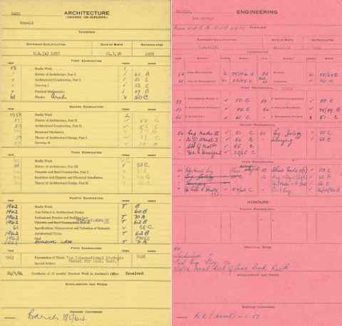 Examples of student record cards for Architecture and Engineering