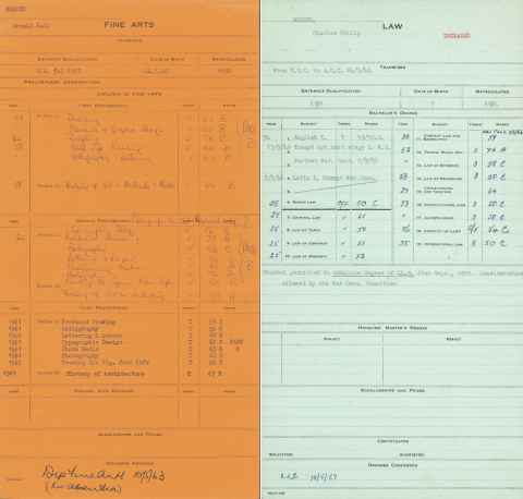 Examples of student record cards for Fine Arts and Law