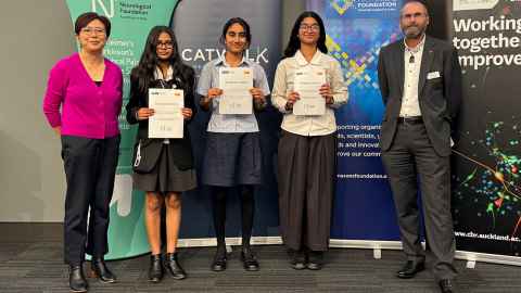 Associate Professor Deborah Young, North Island and National Coordinator for the NZ Brain Bee Challenge, and three sof the tudents received internships, Racquel Premra – Hutt Valley High School,  Amrutha Madhusudhan – Epsom Girls Grammar, Eliza Shaikh – Lynfield College, along with Rich Easton – CEO of the Neurological Foundation.