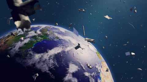 Illustration of Earth, surrounded by debris floating in space 