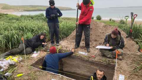 A team led by University of Auckland researchers in the field on Enderby in the Auckland Islands  looking at remains of ancient Māori habitation April, 2023.