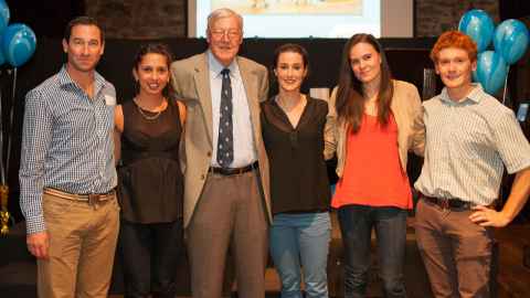 2013: Sir Colin Maiden with sport and rec staff, past and present. L to R: Louis Rattray, Albie Eaton, Sir Colin Maiden, Nicky Henderson, Michelle Blucher, Hamish Rogers.