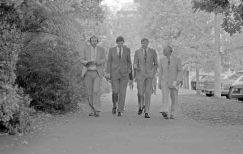 1992 photo of VC and registrar and colleagues on Princes Street.