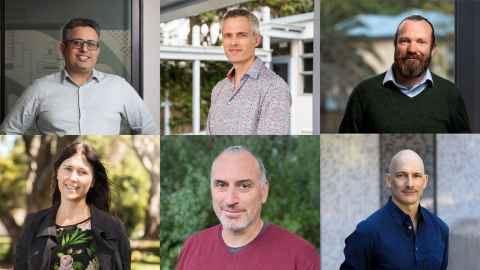 2024 Research Impact Award recipients: (Clockwise from top left) Professor Saeid Baroutian, Professor Jay Marlowe, Dr Chris Wilson,  Associate Professor Peter Saxton,  Dr Mark Harvey, Professor Katie Fitzpatrick.