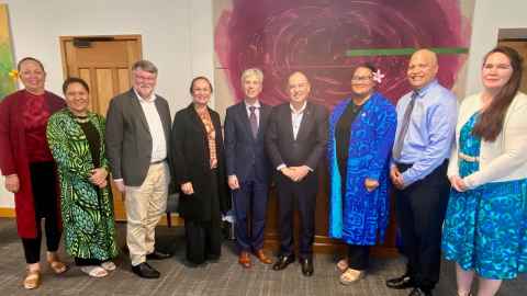 Cook Islands Prime Minister and delegation with Pro Vice-Chancellor Pacific Jemaima Tiatia-Siau, Science dean John Hosking, Deputy Vice-Chancellor Research Frank Bloomfield