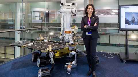 NASA's Vandi Verma with the replica of the Opportunity rover, built by the Centre for Automation and Robotic Engineering Science. 