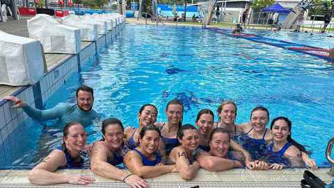 Electra Kalaugher (far left front) competed with the New South Wales women's underwater hockey team this year.