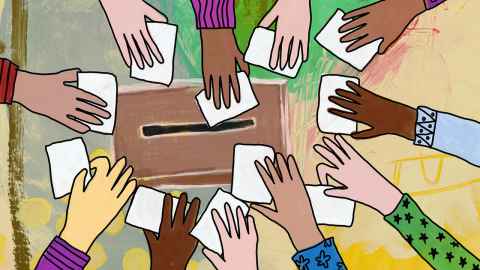 hands placing votes. istock. illustration