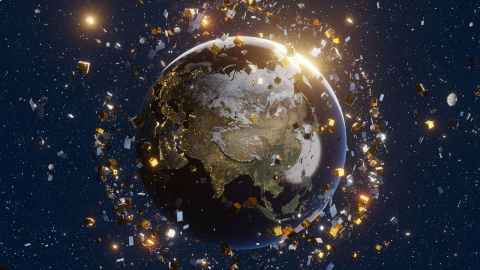 Image of the earth surrounded by space junk.
