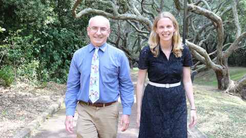 Professor Cameron Grant and nurse researcher Marisa van Arragon in a park.