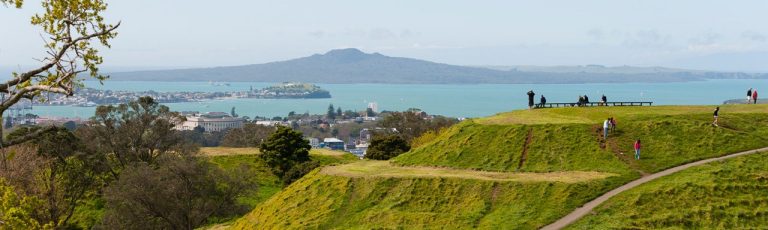 landscape photo showing Auckland with Rangitoto Island in the distance