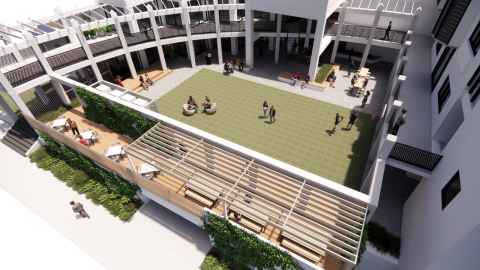 Computer rendered image of upcoming refurbishment work in O'Rorke Hall. Features a birds eye view of the courtyard. 