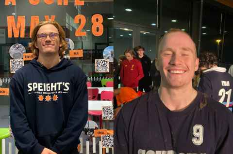 On left Lachy poses with nearly shoulder length hair. On right he smiles with his eyes closed after having his head shaved.