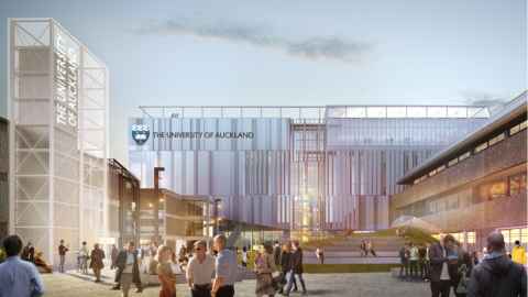 Rendering of the exterior of the new Recreation and Wellbeing Centre building with people walking across quad in the foreground.