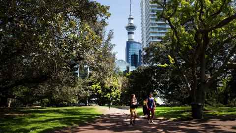 View of Auckland city buildings and the Sky Tower seen from Albert Park