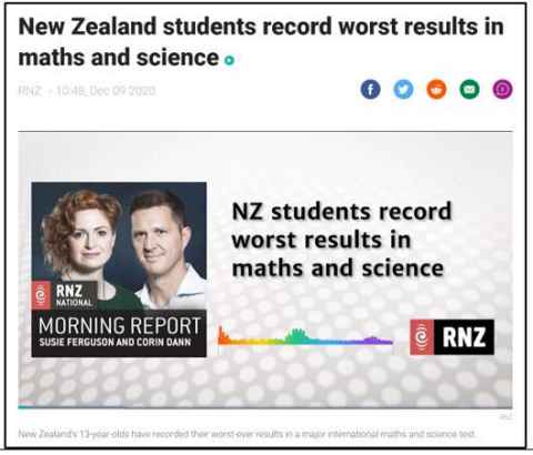 SCI138: RNZ Morning Report new story headline "NZ students record worst results in maths and science"