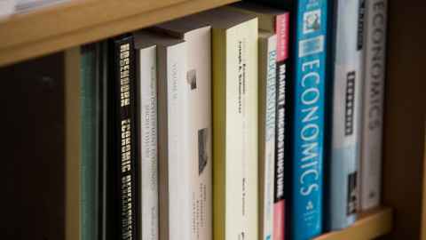 Economics-related books on a shelf.