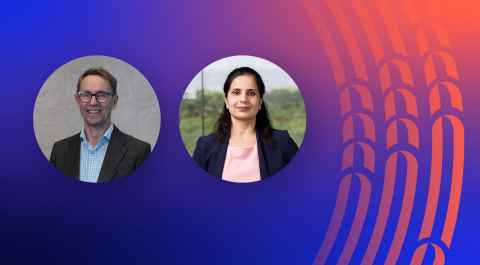 Profile photos of speakers on a vibrant blue background with orange woven motif