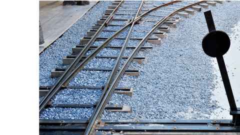 A train track splitting in two directions next to a lever that controls the direction of the track.